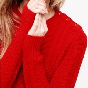 J Crew Wool Cable Knit Red Sweater Sz M Crewneck Button detail on the shoulder